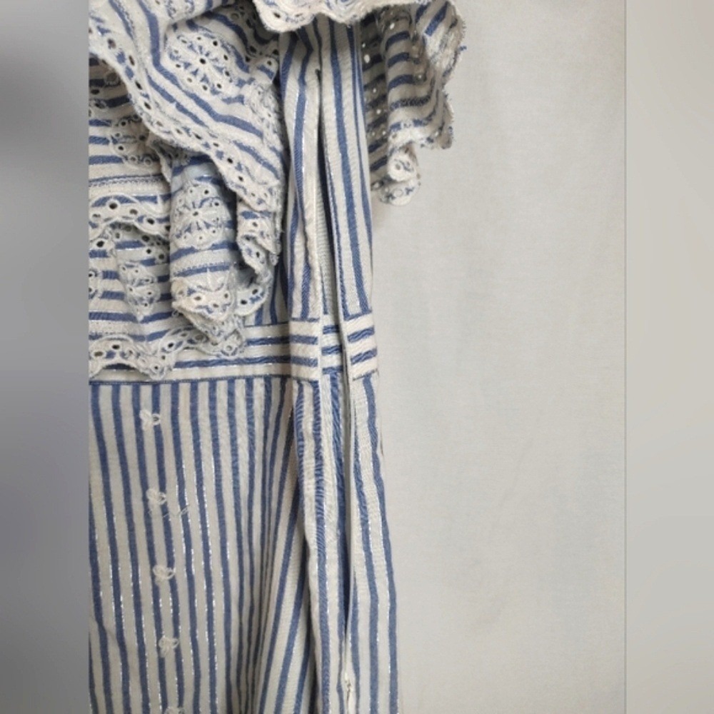 Kos Resort One Shoulder Midi Dress Ruffle Embroidered Eyelet White Blue Silver S - Picture 9 of 12